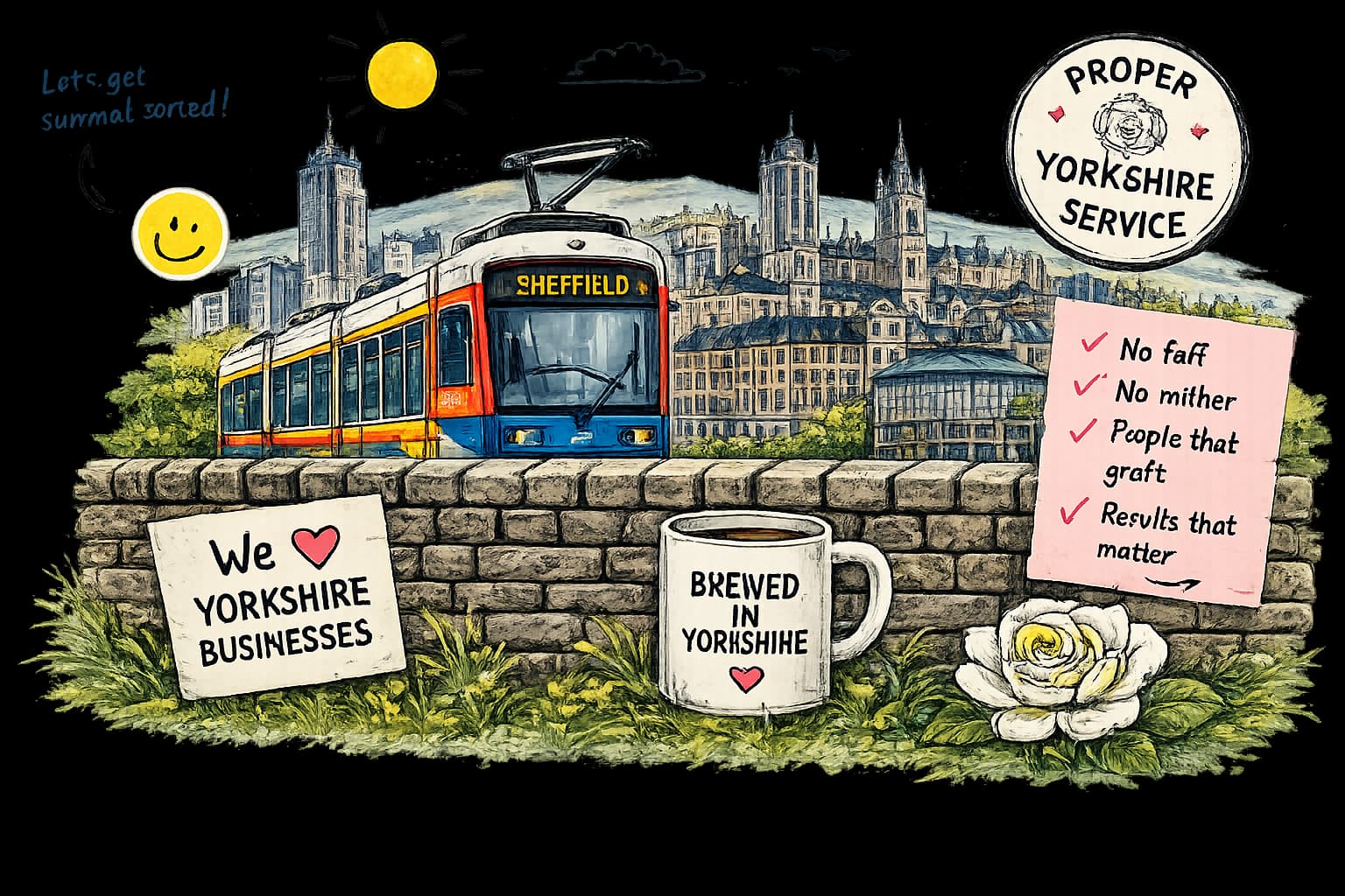 Hand-drawn illustration of a Sheffield tram in front of the Yorkshire skyline and a stone wall, with a 'Brewed in Yorkshire' mug and a 'Proper Yorkshire Service' badge