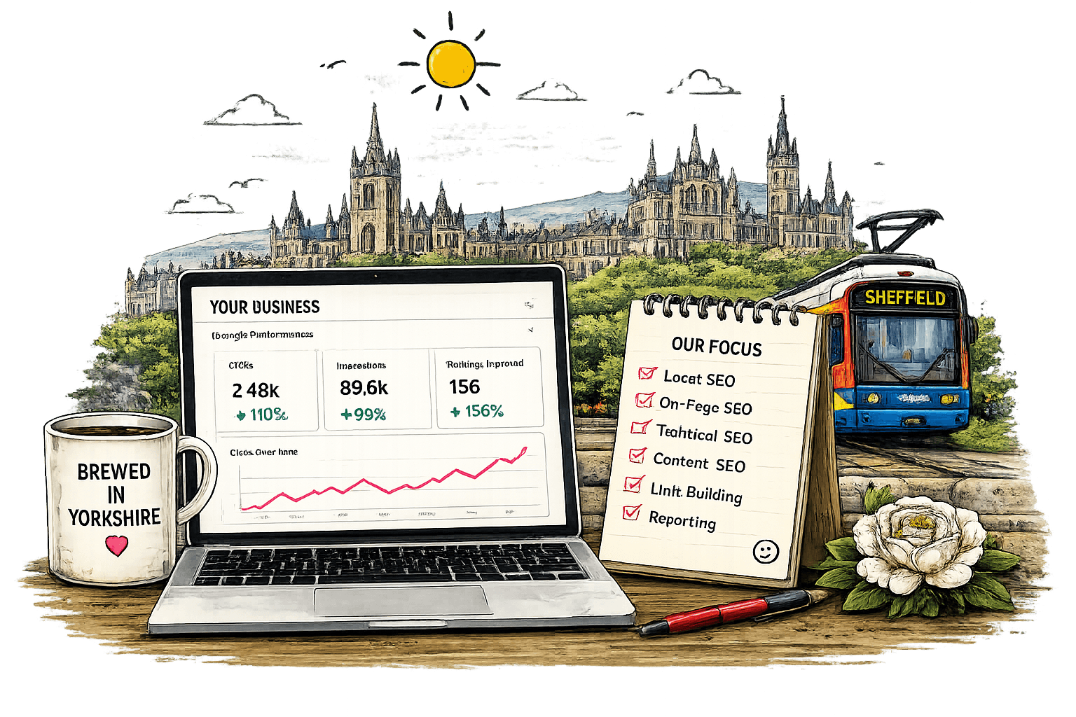 SEO Sheffield Illustration showing local rankings and business growth