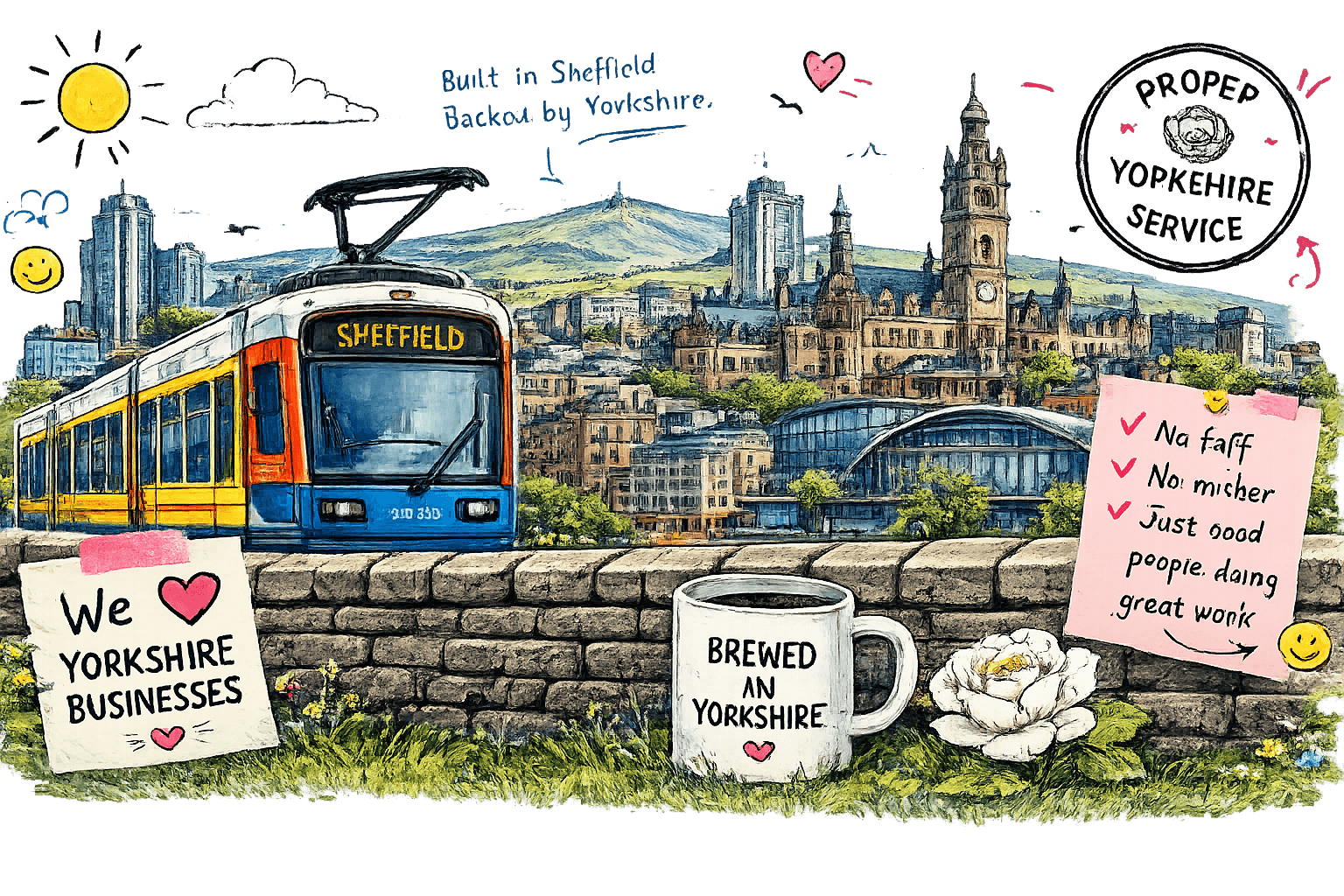 Bespoke Sheffield Web Design Laptop & Tram Sketch